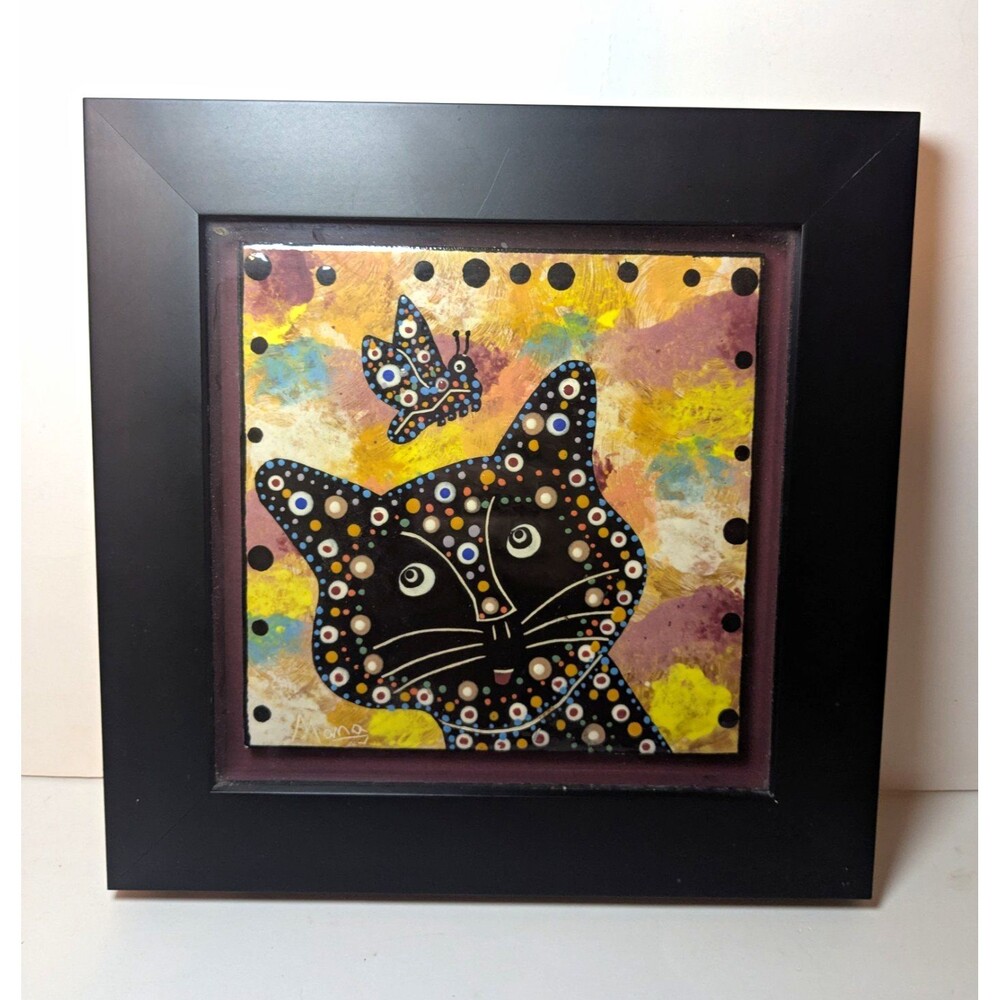 Mana Earthenware Pottery Signed Framed Cat Tile Trivet
